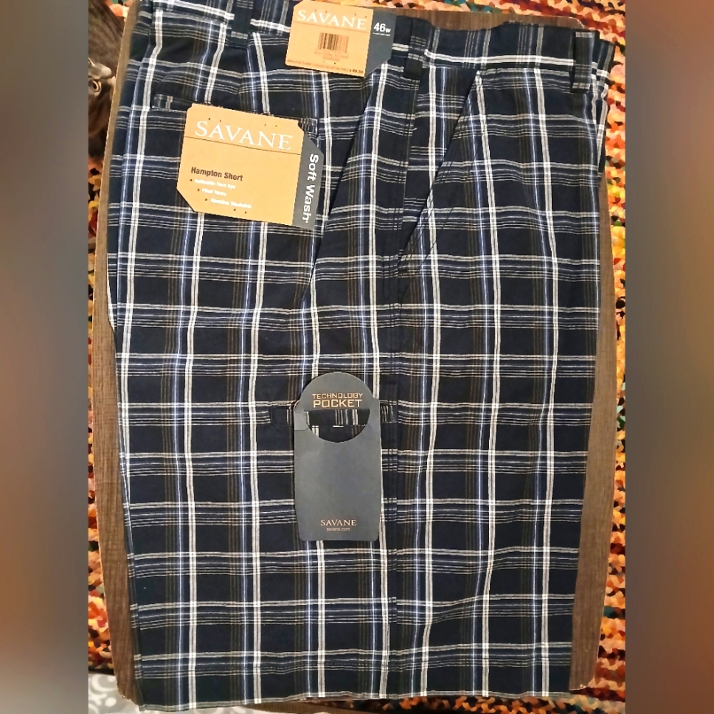 Savane Black WITH White/Blue Stripes Checkered Shorts Men's Size 46 NWT.  FF#199